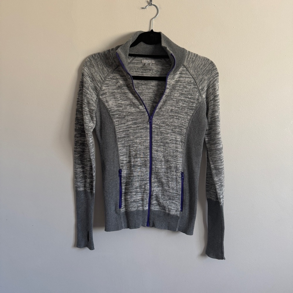 Women’s SKYR mock neck full zip gray marled sweater size S cotton ribbed trim